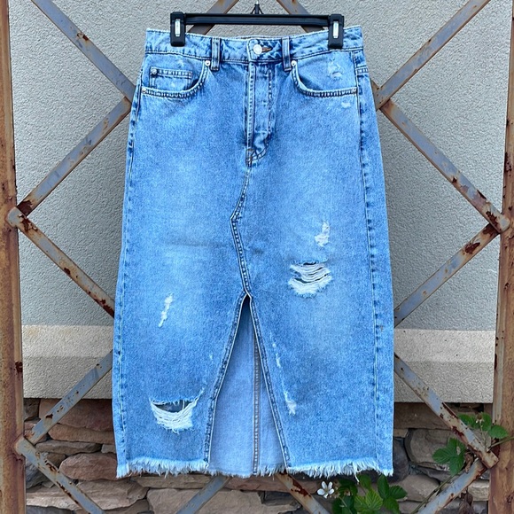 H&M Dresses & Skirts - H&M // 5-pocket Calf-length Skirt in Washed Denim with Worn Details Button Fly